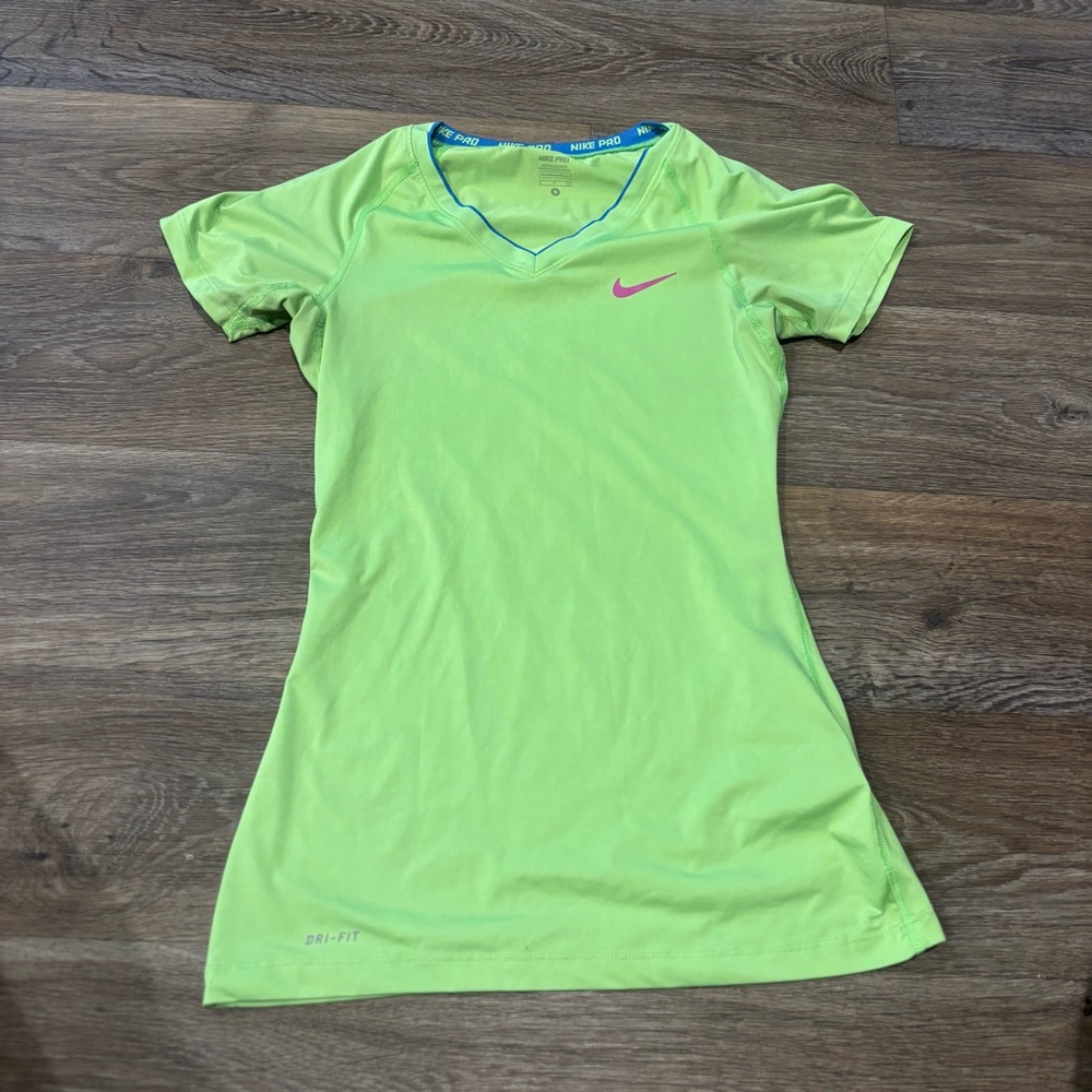Nike Pro Dri-FIT Compression Top Small Neon Green V Neck Fitted Training Shirt